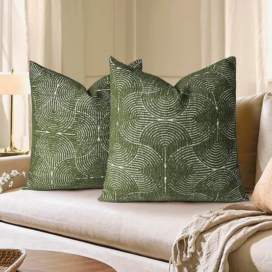 AELS Boho Decorative Textured Throw Pillow Covers 24x24, Modern Mid Century Rainbow Tufted Pillow Case, Farmhouse Rustic Geometric Woven Cushion Case for Bed Couch Sofa, Olive Green