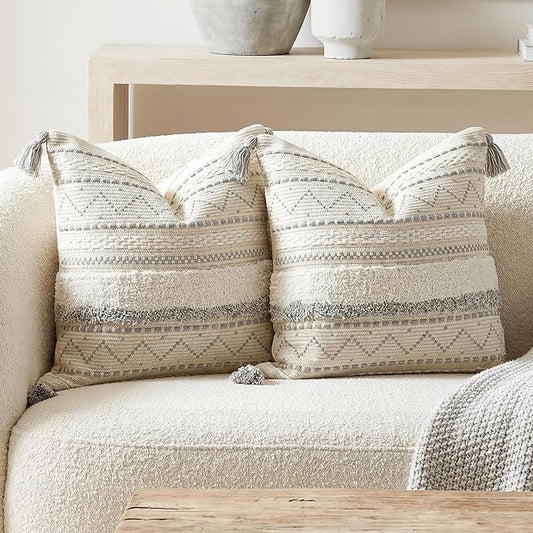BlissBlush Gray Decorative Throw Pillow Covers 18X18 Combo Set of 2 Square Boho Neutral Grey Accent Pillowcase Tassels Farmhouse Cushion for Couch Sofa Bedroom Living Room Home Décor Cover ONLY
