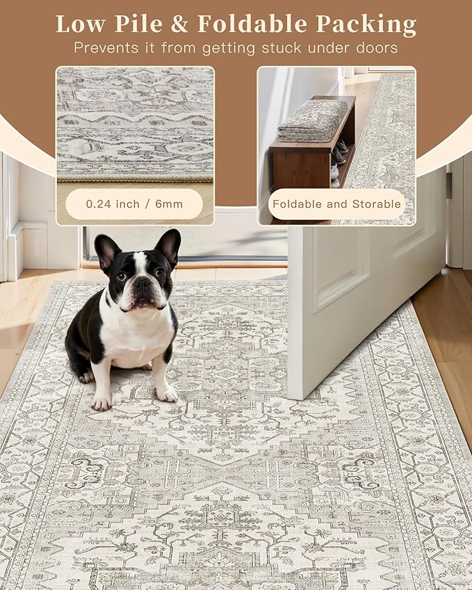 Madane 5x7 Area Rugs for Living Room, Non-Slip Washable Rug, Beige/Brown | Ultra-Thin Stain Resistant Vintage Large 5'X7' Carpet, Soft Low Pile Floor Mat For Bedroom Dining Room Office Home Decor