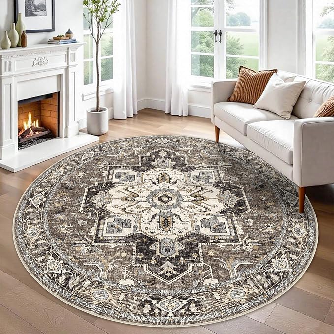 RUUGME Ultra-Thin Washable Round Rug - 6ft Large Dining Room Round Area Rug Vintage Stain Resistant Carpet for Living Room Bedroom Non-Slip Backing Soft Low Pile Floor Mat for Nursery(Beige,6'Round)