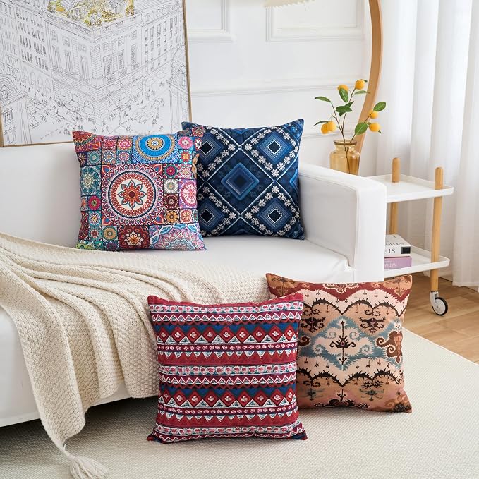 Couch Bohemian Patterned Throw Pillow Covers 20X20 Inch Set of 4 Square Farmhouse Decorative Cushion Covers Boho Vintage Pillow Cases for Sofa Living Room Bedroom Outdoor Patio Porch