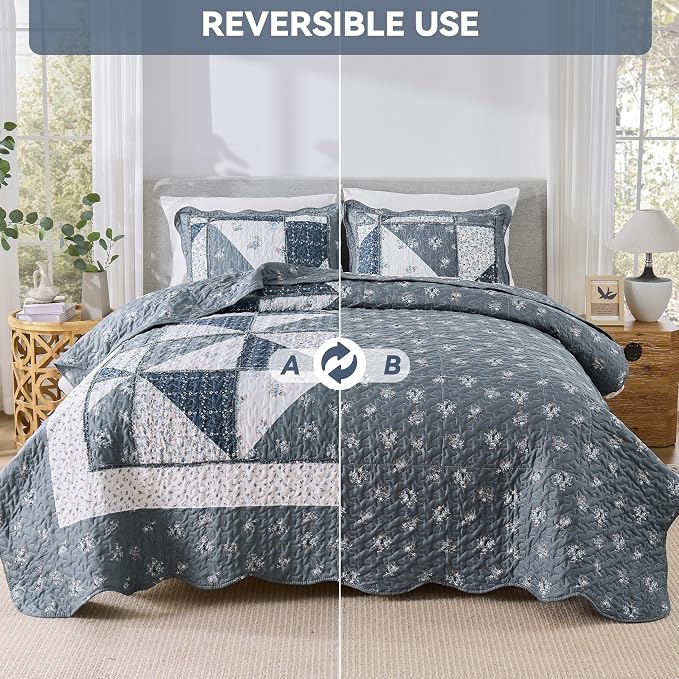 Oversized King Size Quilt Set 128x120 Grey Floral Patchwork Bedspreads Set | 3-Piece Extra Wide Super King Size Bedding Set Rversible Quilted Coverlet Lightweight Comforter Bed Cover with 2 Pillowcases