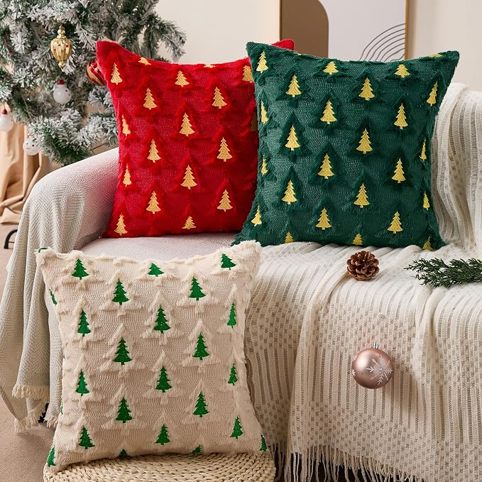Allorry Christmas Pillow Covers 18x18 Set of 2 Green Double Xmas Tree Pillow Covers Soft Plush Faux Fur Christmas Decorations for Xmas Winter Holiday Home Bedroom Sofa Cushion Cases PT-008A18