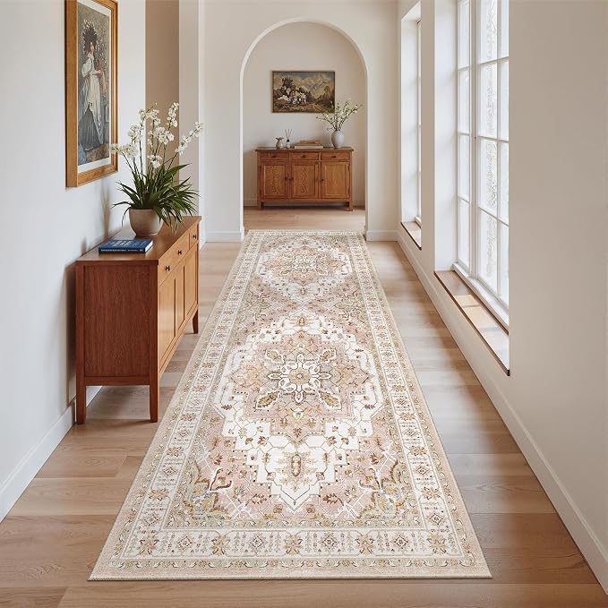 Madane Kitchen Runner 2'6''x8' Soft Rug Runners for Hallways, Pink | Vintage Machine Washable Rugs 2.5x8 Ft, Non-Slip Low Pile Stain-Resistant 8ft Floor Carpet for Laundry Room Corridor