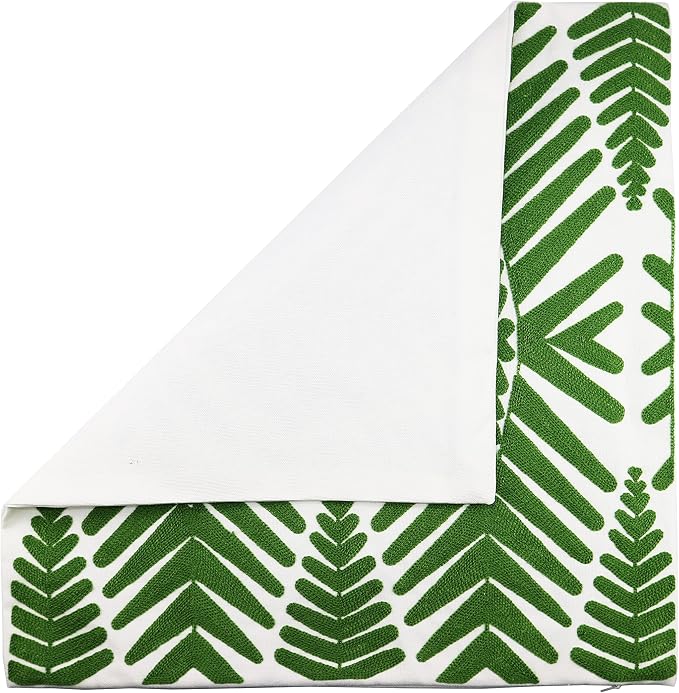 Tropical Leaf Embroidery Throw Pillow Covers 18x18 Inches Decorative Floor Pillow Cover for Couch Green Leaf 100% Cotton Cushion Cover Symmetric Palm Leaves Embroidered 45x45cm, 1 Piece