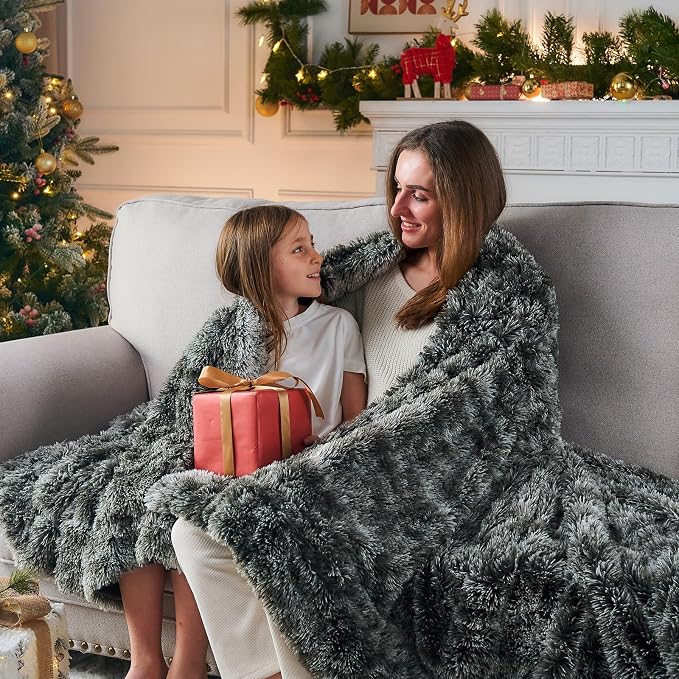 GONAAP Fuzzy Faux Fur Throw Blanket for Couch, Frosty Black, 50"x60" | Warm Cozy Plush Shaggy Decorative Reversible Thick Non-Heated Fleece Blanket for Sofa Bed, Gift for Women Men, All Season Use