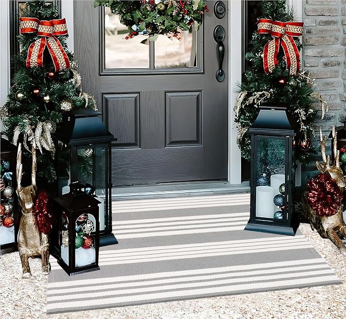 Grey and White Outdoor Doormat 24"x35"Cotton Washable Striped Outdoor Rug | Hand-Woven Cotton Outdoor Front Porch Rug For Entryway Combined With Hello Welcome Mat