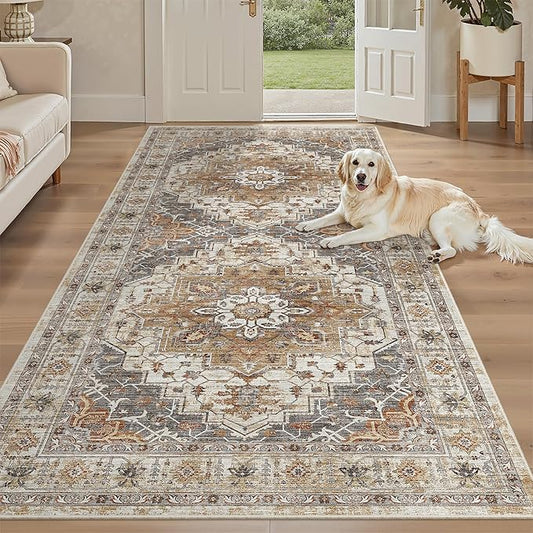 Madane 4x8 Wide Hallway Runner Rug Washable for Living Room, Turmeric/Grey | Soft Stain Resistant Ktichen Runners 8ft, Vintage Non Slip Low Pile Area Rugs, Thin Floor Carpet for Bathroom Dining Bedroom