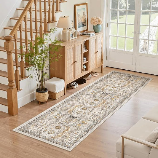 Madane Washable Runner Rug 2x6 Runners for Hallways Non Slip, Brown/Gold | Vintage Stain-Resistant 6 Feet Kitchen Rug, Soft Low-Pile Ultra-Thin Floor Carpet Mat for Bathroom Laundry Room Bedroom 2x6ft