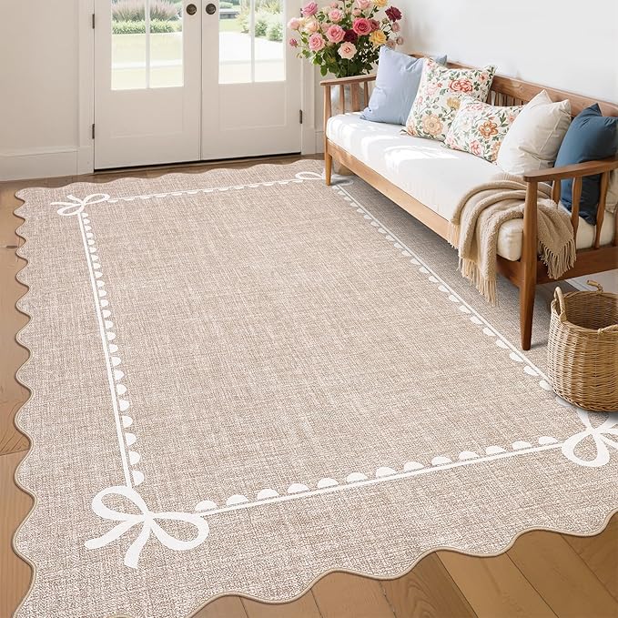 COZYLOOM 8x10 Dining Room Rugs for Under Table, Machine Washable Area Rugs for Bedroom, Non Slip Non Shedding Scalloped Border Rug Stain Resistant Low Pile Bow Carpet for Living Room, Nursery, Camel