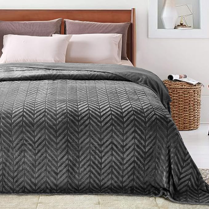 Whale Flotilla Flannel Fleece Bed Blanket King Size, Dark Grey | Lightweight Breathable Soft Bedspread, Plush Fluffy Coverlet Chevron Design Decorative Blanket for All Season, 90x104 Inch