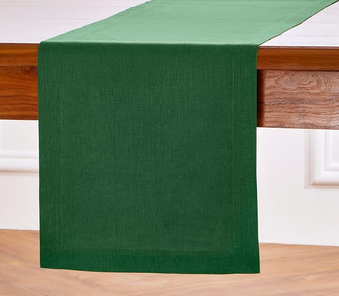Solino Home 100% Pure Linen Table Runner Pine Green Woven, Fete 14 x 60 in | brings a tailored look to family meals and hosting, European flax fibres, effortlessly elegant, soft, OEKO-TEX Certified