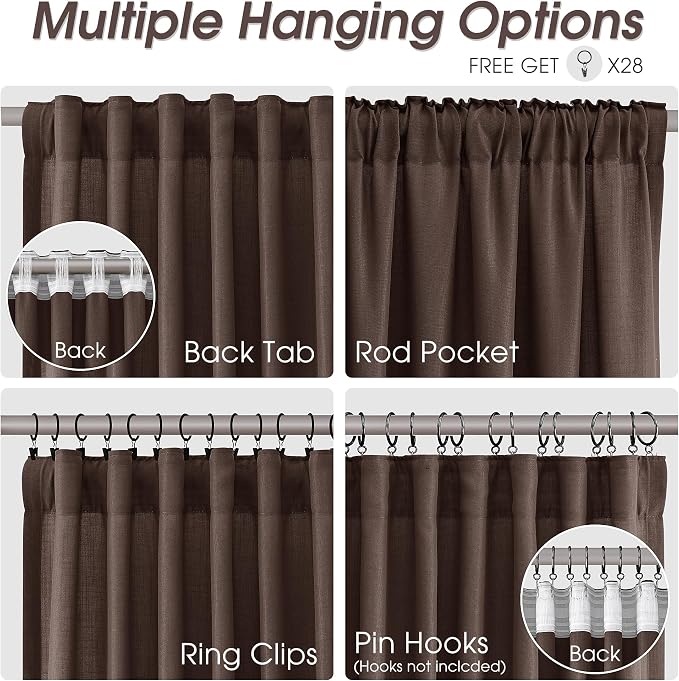 Extra Long Linen Curtains 120 Inches for Living Room Back Tab Semi Sheer High Floor to Ceiling 10ft Light Filtering Curtain Boho Farmhouse Decor Window Drapes for Bedroom 2 Panels Coffee