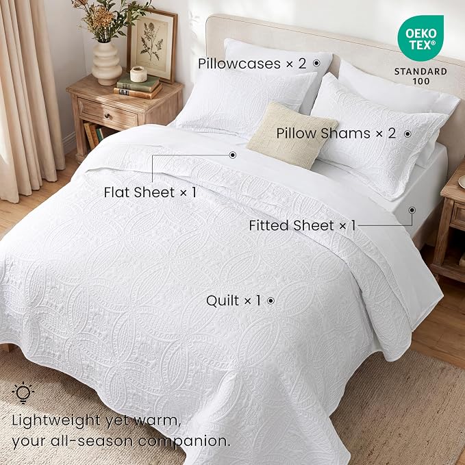 Love's cabin Queen Quilt Set White, Bed in a Bag Queen Size Bedding 7 Pieces, Ultrasonic Embossed Coin Pattern Comforter, Lightweight Bedspreads for All Seasons Quilt with Sheets, Pillowcases & Shams