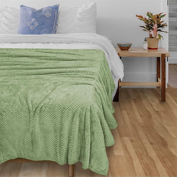 PAVILIA Sage Green Fleece Throw Blanket for Couch Sofa Bed, Soft Fuzzy Waffle Jacquard Microfiber, Warm Lightweight Fade-Resistant Decorative All Season Throw, 60x80 Twin