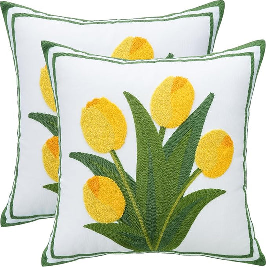 LUOYEHK Embroidered Throw Pillow Cover 18x18 Inch Set of 2 Farmhouse Floral Square Pillowcase Spring Canvas Cushion Covers for Living Room Sofa Bed (Yellow Tulip)