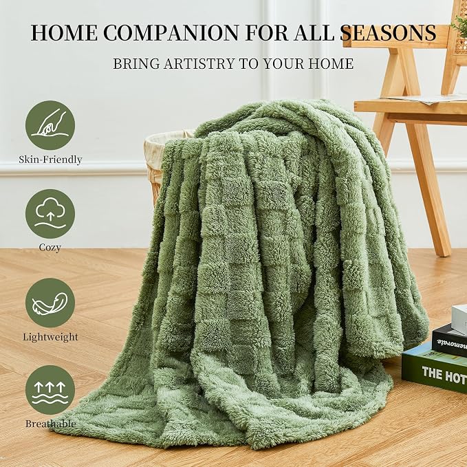 Aganear Flannel Throw Blanket - Cozy Soft Lightweight Fuzzy Checkered Throw Blanket for Women Portable Throw Blankets for Couch, Warm Present for Birthday, Christmas(50"x70", Sage Green)