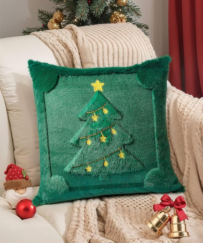 Christmas Pillow Covers Set of 2 Soft Plush Faux Fur Pillow Cases 3D Embroidered Decorative Couch Cover Home Decor Christmas Throw Pillow Covers 18x18,Green Christmas Tree