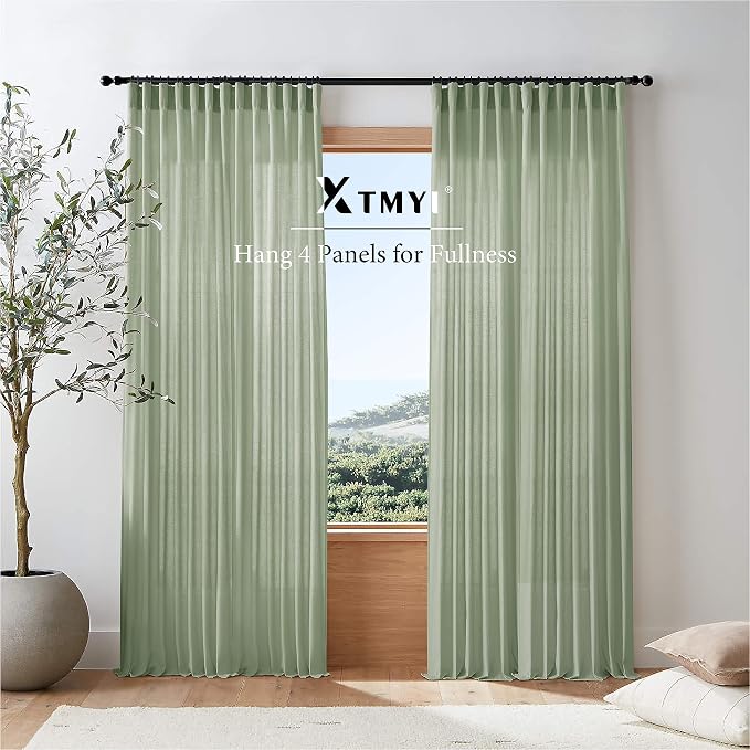 XTMYI Sage Green 90 Inches Long,50 Inches Wide Country Curtains for Living Room,Sheer Linen Curtains for Bedroom