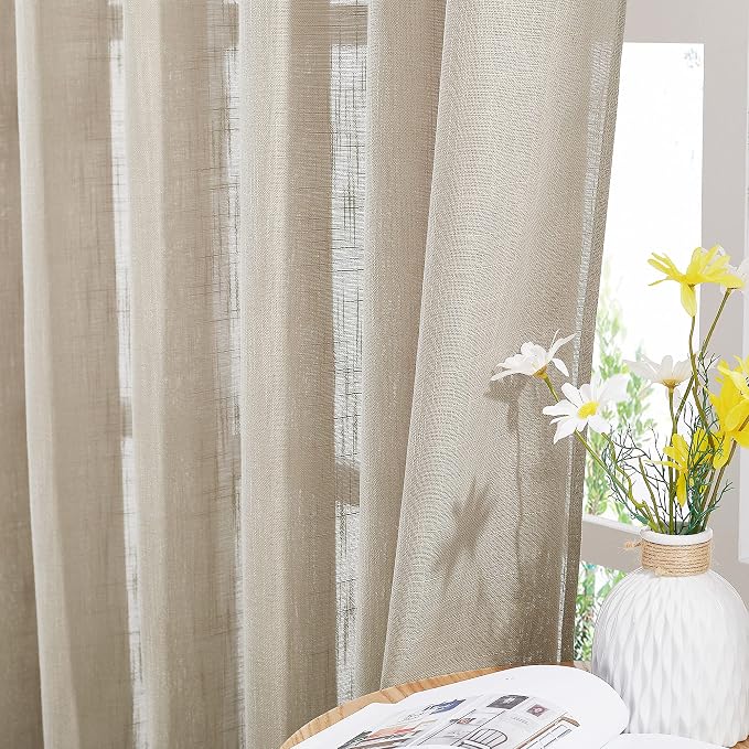 NICETOWN Privacy Linen Sheer Curtains, Rod Pocket & Back Tab Elegant Vertical Drapes Semi Sheer Soft Panels with 72 Inches Long for Bedroom/Nursery, 2 Panels=104" Wide, Taupe, Set of 2