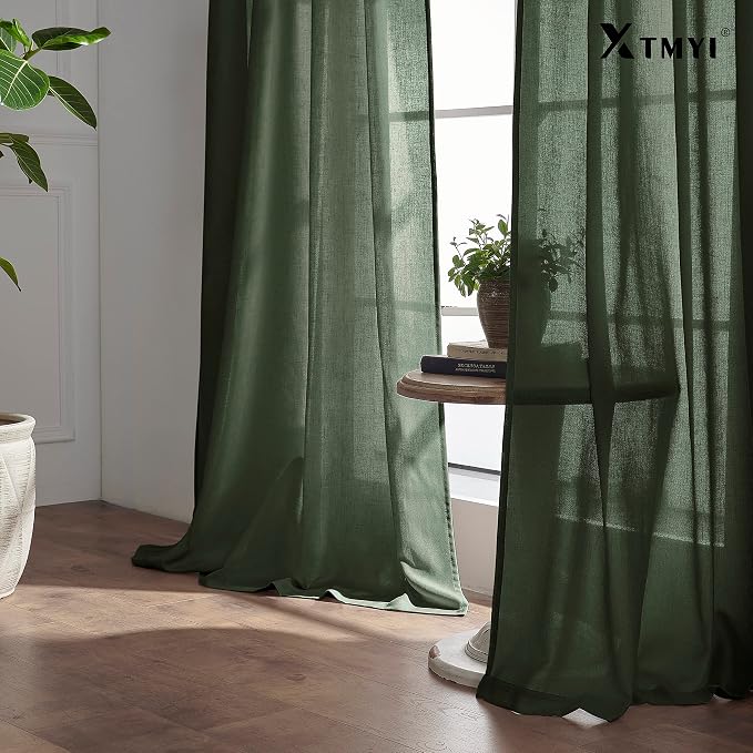 XTMYI Short Curtains for Bathroom Window,Dark Olive Green Boho Bathroom Decor Shower,Sheer Linen Kitchen Curtains,45 Inch Length