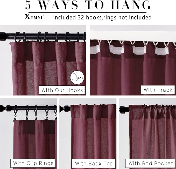 XTMYI Burgundy Curtains 84 Inches Long 2 Panels,Vintage Elegant Maroon Linen Back Tab Hook Pleated Sheer Christmas Curtains for Living Room Bedroom,Dark Red