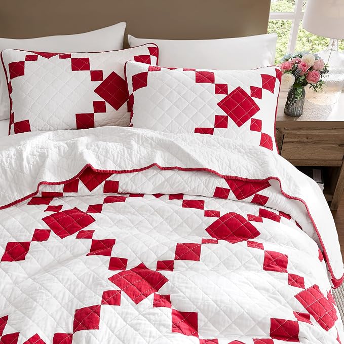 WDCOZY 100% Cotton Quilt California Cal King Size, Oversized Lightweight Reversible Gingham Patchwork Bedding Set with 2 Pillow Shams, Red Block Pattern Farmhouse Rustic Bedspread Coverlet All Season