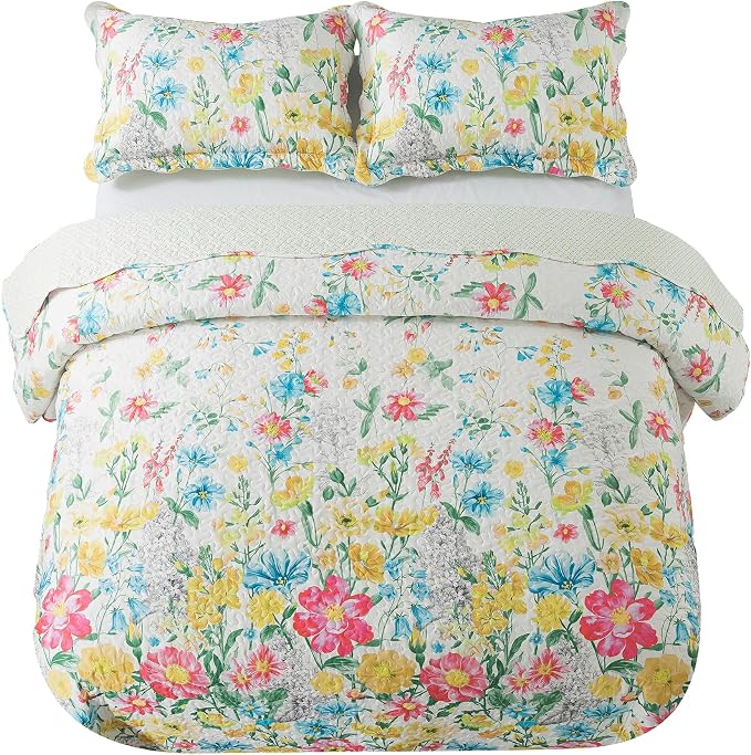 NEWLAKE Quilt Bedspread Sets- Dreamy Flowers Reversible Coverlet Set,King Size