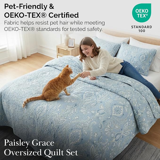 Southshore Fine Living, Inc. Twin XL Quilt Set, Dorm Bedding Essentials, Stain Resistant, Machine Washable Paisley Boho Bed Spread, Twin XL Quilt Bedspread Set w/Pillow Sham, Blue Paisley Bedding