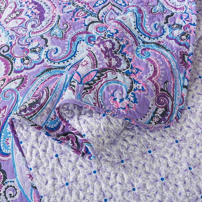 NEWLAKE Cotton Bedspread Quilt Sets-Reversible Patchwork Coverlet Set, European Purple Floral Pattern, King Size