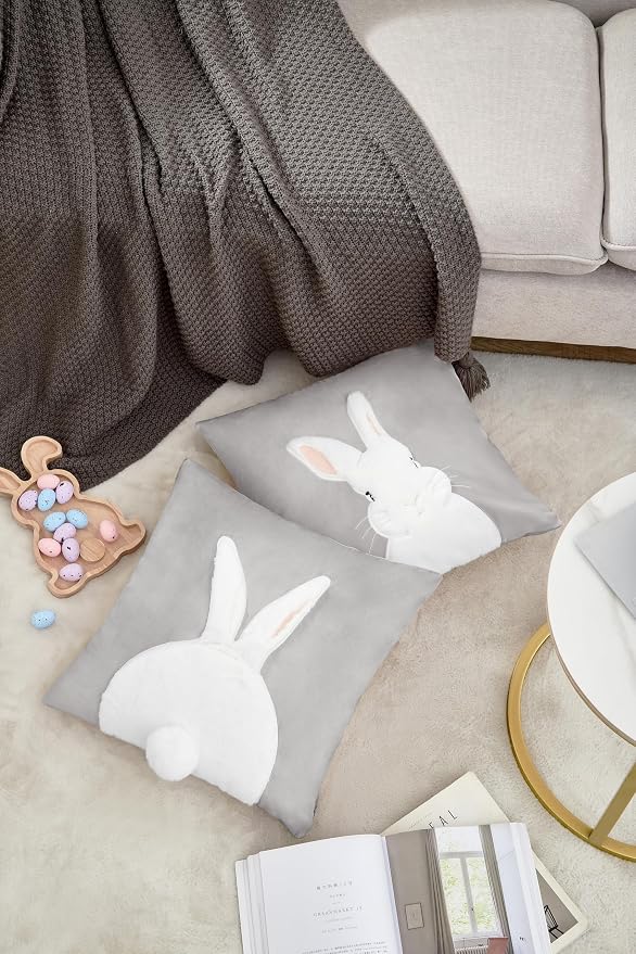 Pack of 2 Spring Easter Pillow Covers 18x18 Inch,3D Embroidered Bunny Rabbit Pillowcase Throw Covers Velvet Easter Decorative Cushion Cover (Light Gray -2PCS)