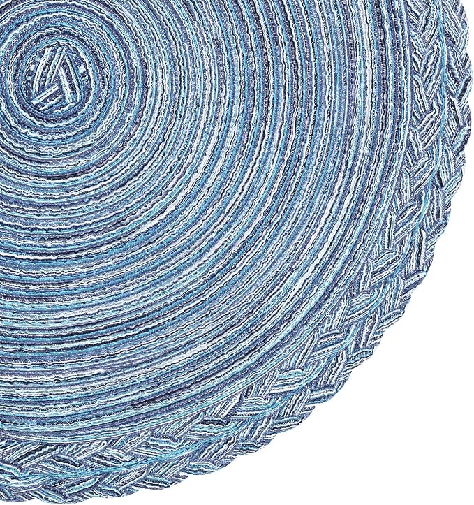 SHACOS Round Placemats Set of 6 Woven Kitchen Table Mats 15 inch Circle Braided Border Washable Cotton Polyester Place Mats, Multicolor Blue Grey (Pack of 2)