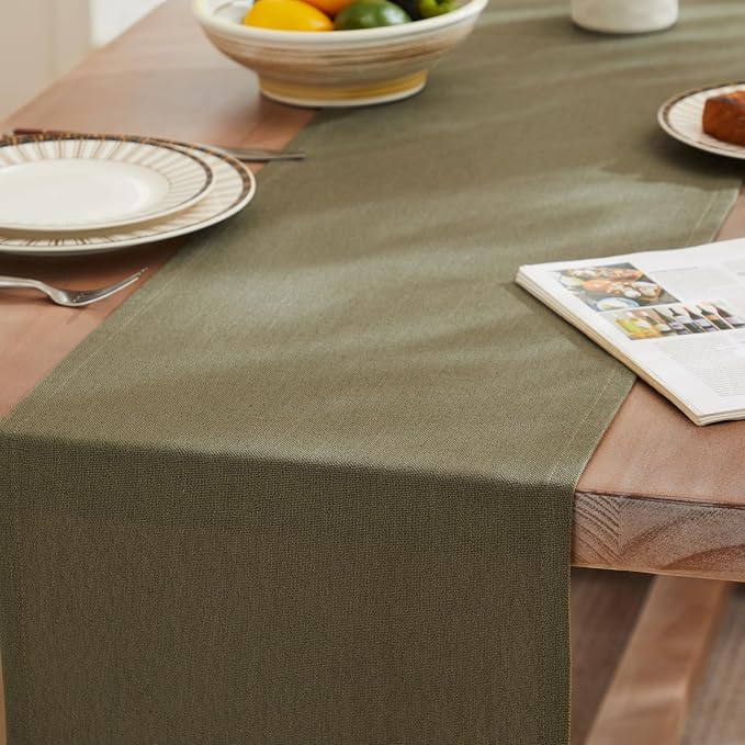 ZeeMart Rustic Cotton Linen Table Runner, 13x108 Inches Olive | Farmhouse Style Linen Table Runners 108 Inches Long, Washable Kitchen Dining Table Decoration for Home Party Decor