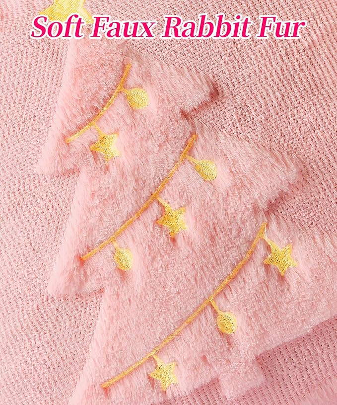 Christmas Pillow Covers Set of 2 Soft Plush Faux Fur Pillow Cases 3D Embroidered Decorative Couch Cover Home Decor Christmas Throw Pillow Covers 18x18,Pink Christmas Tree