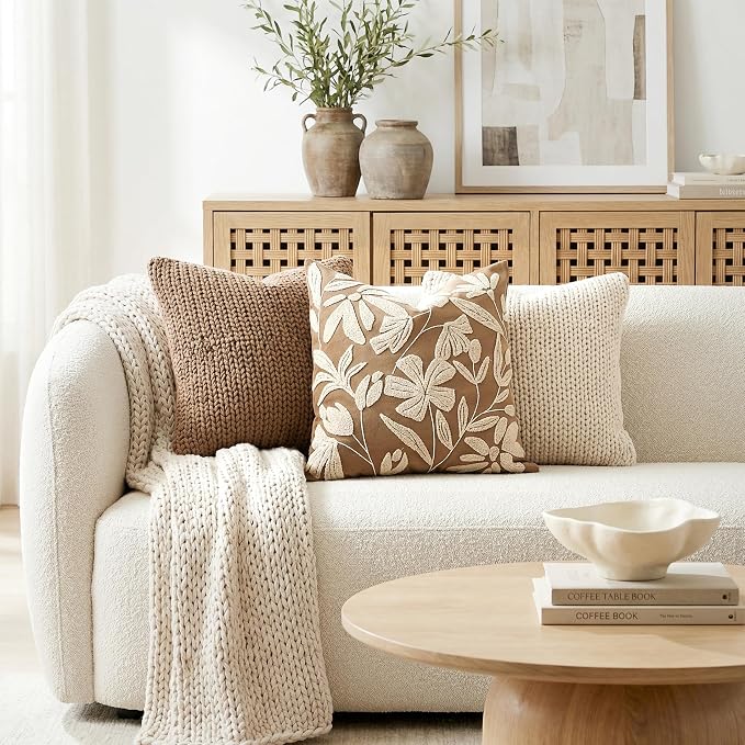 BlissBlush 20x20 Throw Pillow Cover, Square Brown Decorative Cushion Cover for Couch Sofa, Embroidered Velvet Farmhouse Accent Pillowcase (Cover Only)