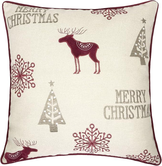 Embroidery Velvet Throw Pillow Cover, Merry Christmas Series Reindeer Tree Luxury Soft Fuzzy Cozy Warm Slik Decorative Gift Square Couch Cushion Pillow Case 20 x 20 Inch, Cover Only