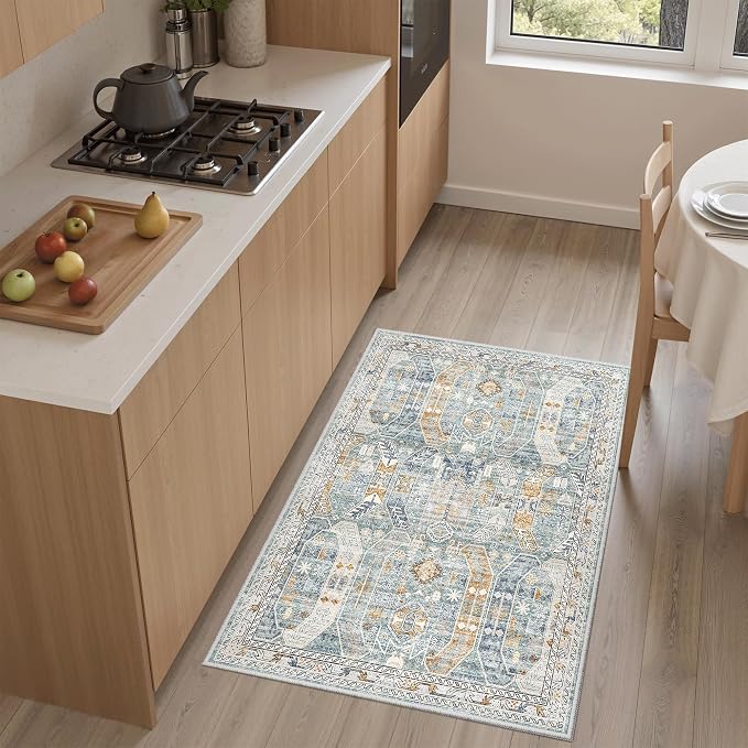 Madane Washable Area Rug 2x3 Small Entryway Rugs Non-Slip, Blue/Gold | Vintage Stain-Resistant Door Mat Indoor Entrance, Low Pile Floor Carpet for Inside Front Bedroom Kitchen Entry Laundry, Stair