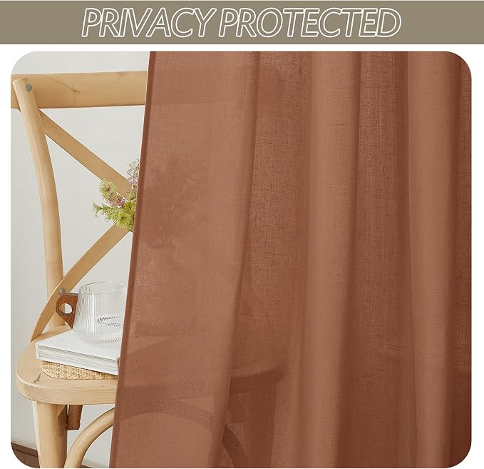RYB HOME Linen Sheer Curtains 2 Panels for Living Room, Semi Transparent Privacy Drapes with Rod Pocket Farmhouse Style Window Treatments for Bedroom, Brunt Orange, 52" W x 90" L