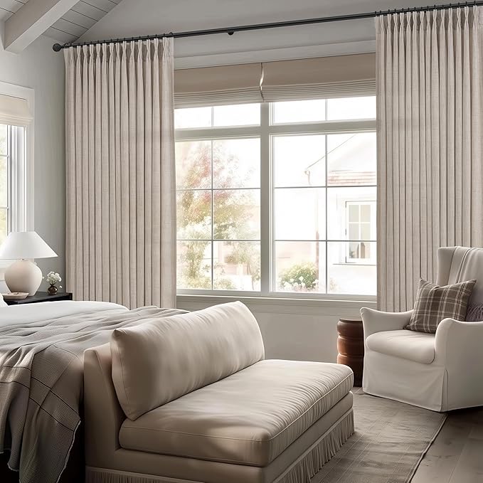 Extra Long 120 Inch Pinch Pleated Curtains for Living Room, Memory Trained Linen Blend Semi Sheer Taupe Light Filtering Privacy Large Windows Drapes 2 Panels Set 10 FT Length Greyish Brown Lux Decor