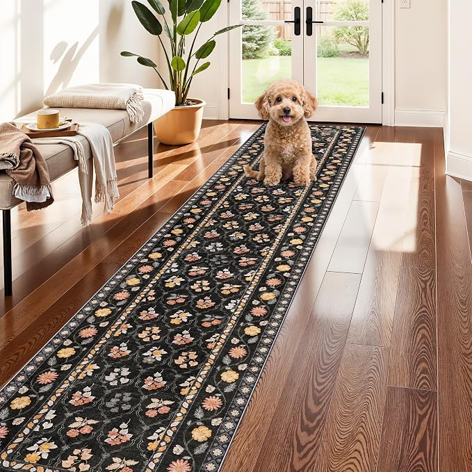 Washable Kitchen 2x10 Runner Rug: Non-Slip Long Hallway Entryway Rugs Indoor Low Pile Carpet for Bedroom Laundry Stain Resistant Vintage Soft Thin Floor Decor Mat for Bathroom (Floral/Black,2x10)