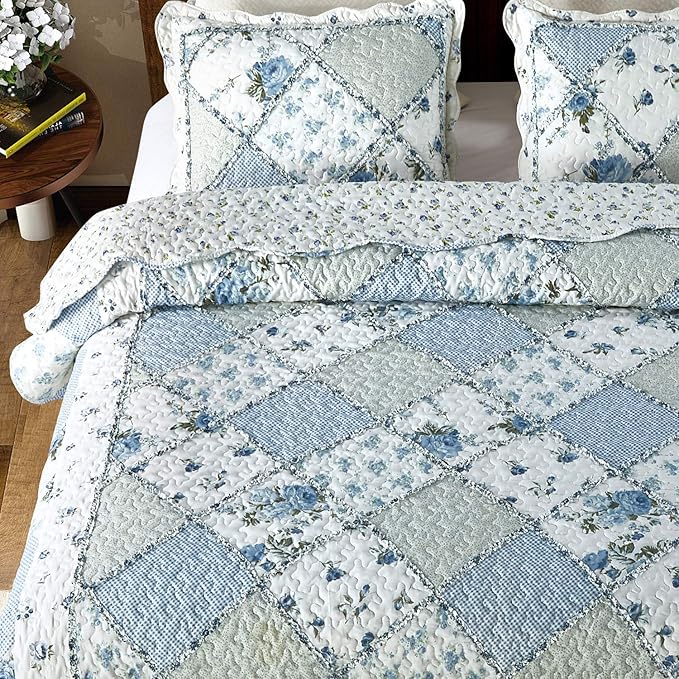 Oversized King Size Quilt Set 128x120 Blue Floral Patchwork Bedspreads Set | 3-Piece Extra Wide Super King Size Bedding Set Rversible Quilted Coverlet Lightweight Comforter Bed Cover with 2 Pillowcases