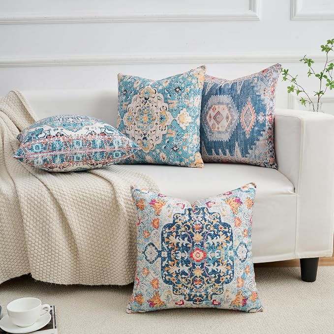 Set of 4 Vintage Blue Floral Throw Pillow Covers 18x18 Inch, Boho Medallion Decorative Pillow Cases Soft Cushion Covers for Couch Bed Living Room Spring Summer Decor