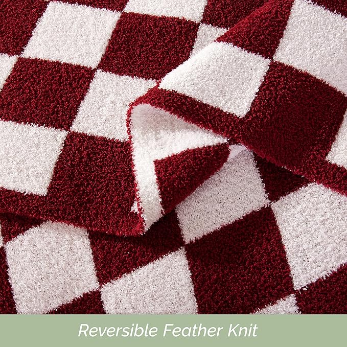Elegant Comfort Premium Checkered Reversible Throw Blanket - Ultra Soft and Lightweight, Luxury Knitted Breathable Fleece for Couch, Bed, Sofa - Warm Velvet Fluffy Throw, 50 x 70 Inch, Burgundy