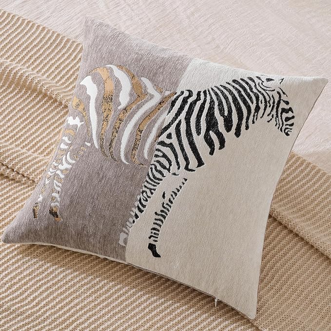 AmHoo Set of 2 Throw Pillow Covers Zebra Chenille Patchwork Decorative Pillows Cover Pillowcase for Sofa Couch Bed 18 x 18-Inch Nougat