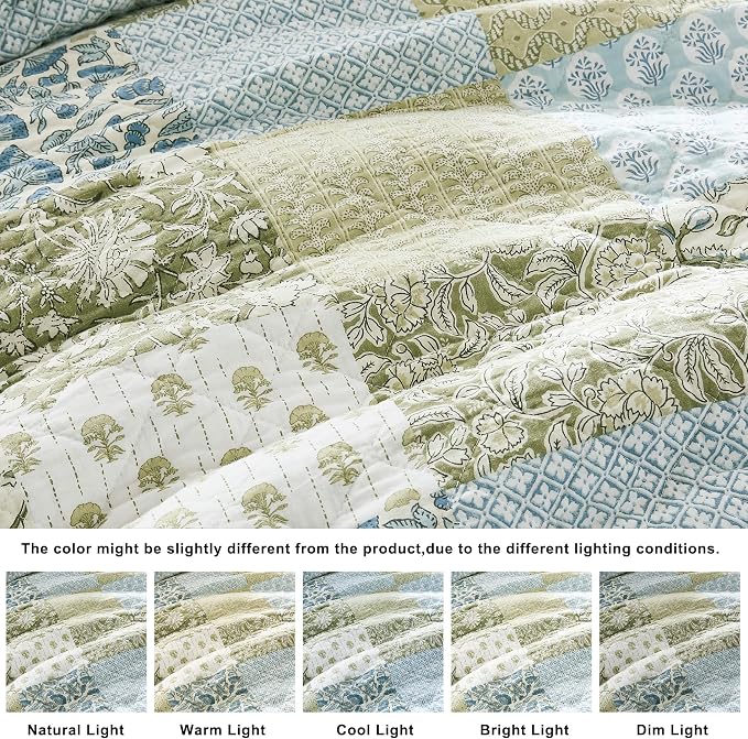 WDCOZY 100% Cotton Reversible Patchwork Quilt King Size, Lightweight Farmhouse Vintage Shabby Chic Bedding Set with 2 Pillow Shams, Green Floral Printed Pattern Bedspread Coverlet for All Seasons