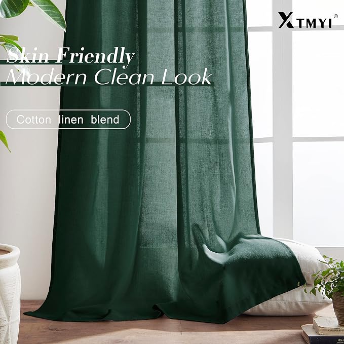 XTMYI Emerald Dark Green Curtains for Living Room 84 Inches Long 2 Panels Set Linen Rod Pocket Back Tab Hooks Pleated Hunter Green Vintage Retro Curtains for Bedroom Decor Dining Room
