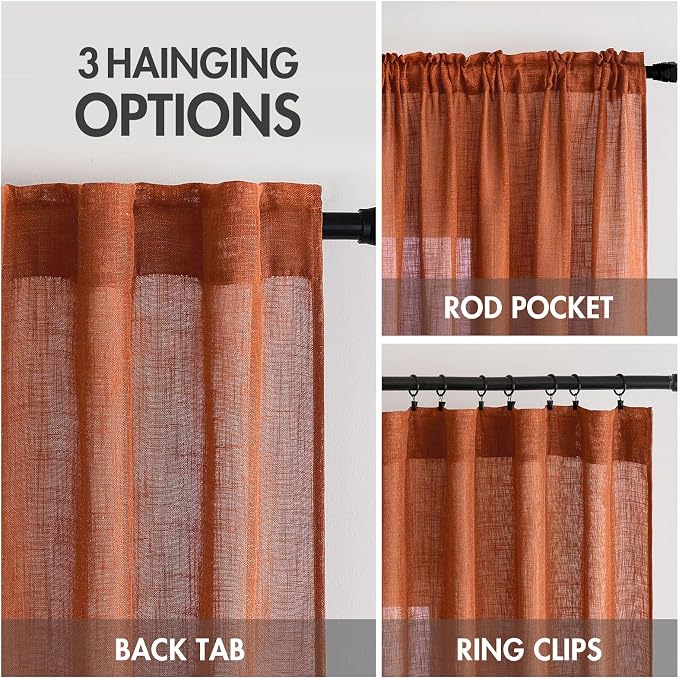MIULEE Rust Fall Linen Curtains 52x90 Inch 2 Panels for Bedroom Living Room | Terracotta Soft Thick Linen Textured Window Drapes, Semi Sheer Light Filtering, Back Tab Rod Pocket, Burlap Look Fall Decor