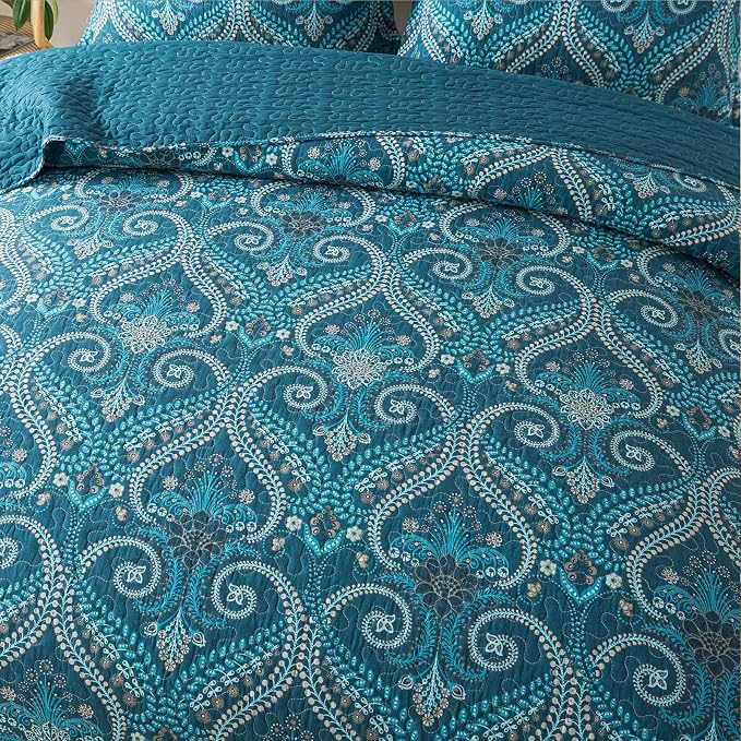 NEWLAKE Cotton Bedspread Quilt Sets-Reversible Patchwork Coverlet Set, Turquoise Classic Royal Pattern, Queen Size