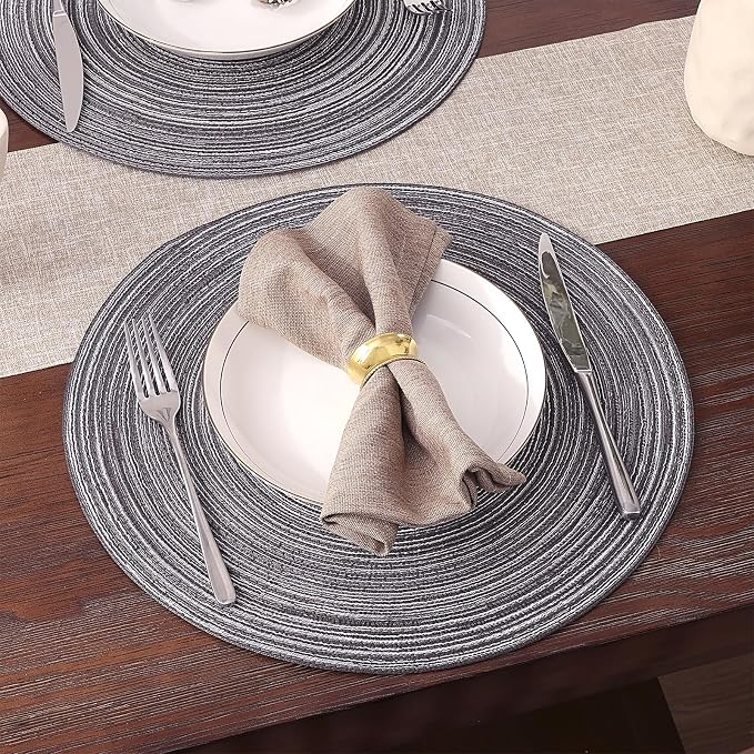 SHACOS Round Placemats Set of 4 Round Braided Placemats 15 inch Cotton Polyester Woven Table Placemats for Dining Table Holiday Party (Black Gray, 4)