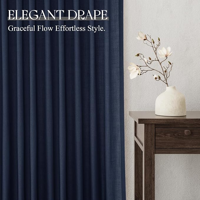 Jowels Navy Linen Curtains 45 Inch Long 2 Panels for Living Room | Navy Blue Light Filtering Semi Sheer Curtain,Back Tab Pocket Pleated Look,Boho Textured Privacy Drapes for Bedroom Window